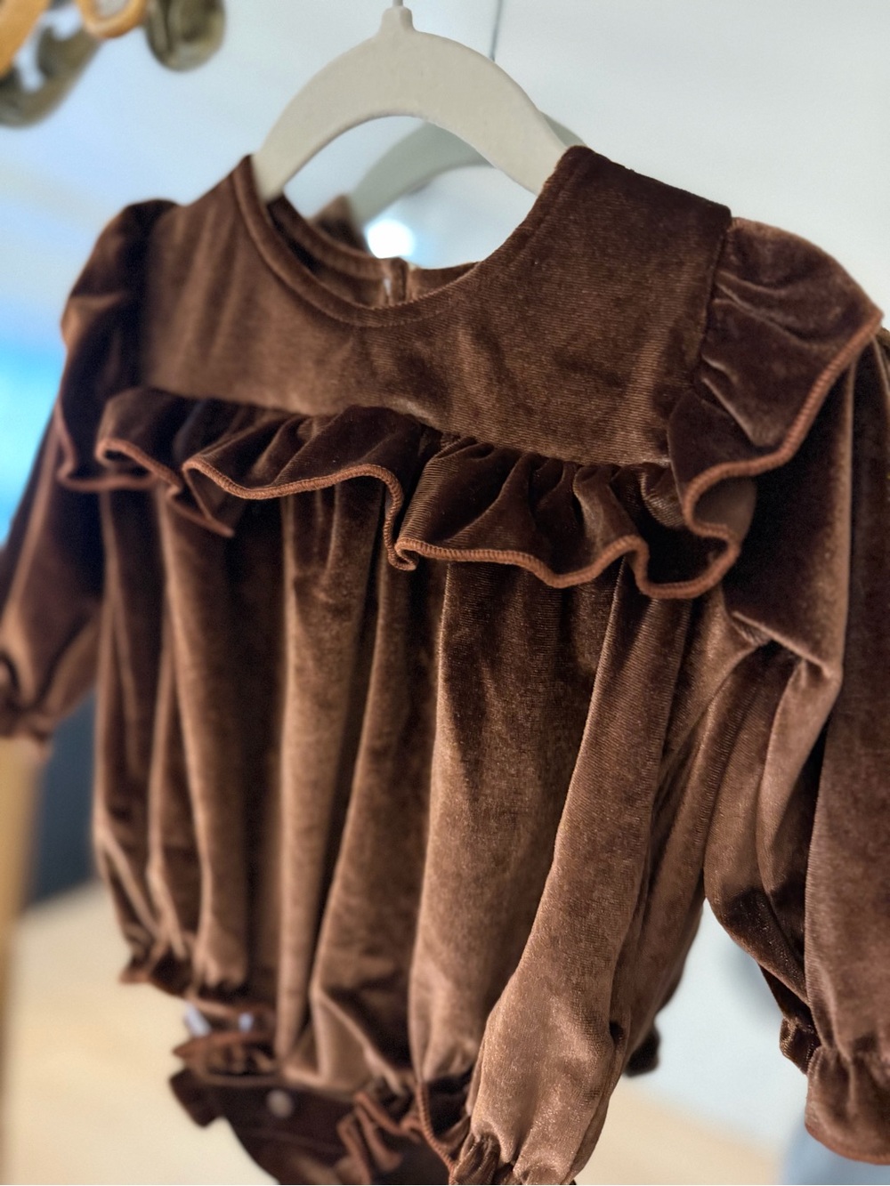 Velvet Ruffle Baby Romper - Rich Chocolate Brown